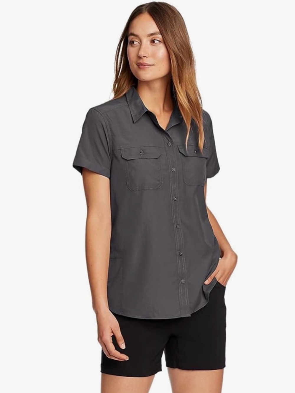 Eddie Bauer Travex Women’s Short Sleeve Button-Down Shirt Black UPF50 Size XL
